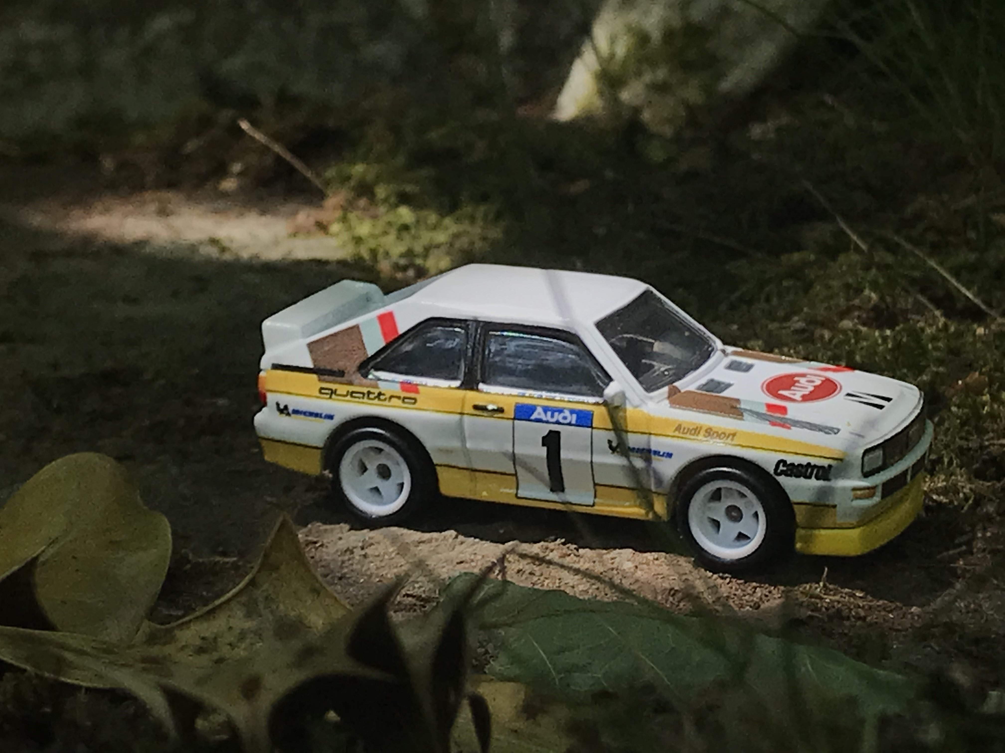 Hotwheels Grp B Rally Audi Quattro behind some leaves, with a beam of sunlight on it [BARx - Overdrive]